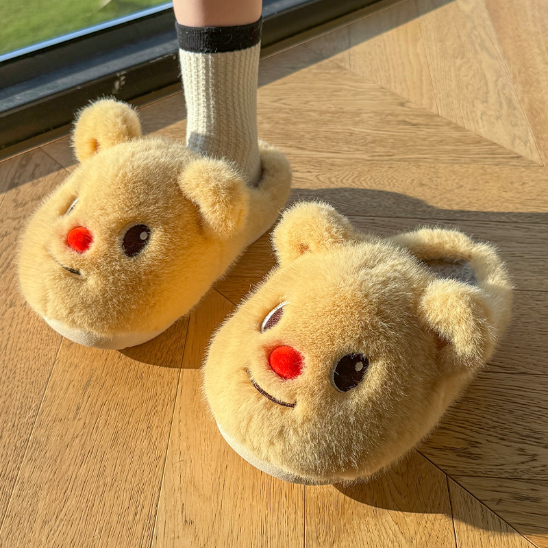 耍鞋 冬天卡通黄油小熊居家卧室加绒保暖棉拖鞋女防滑包头毛毛拖