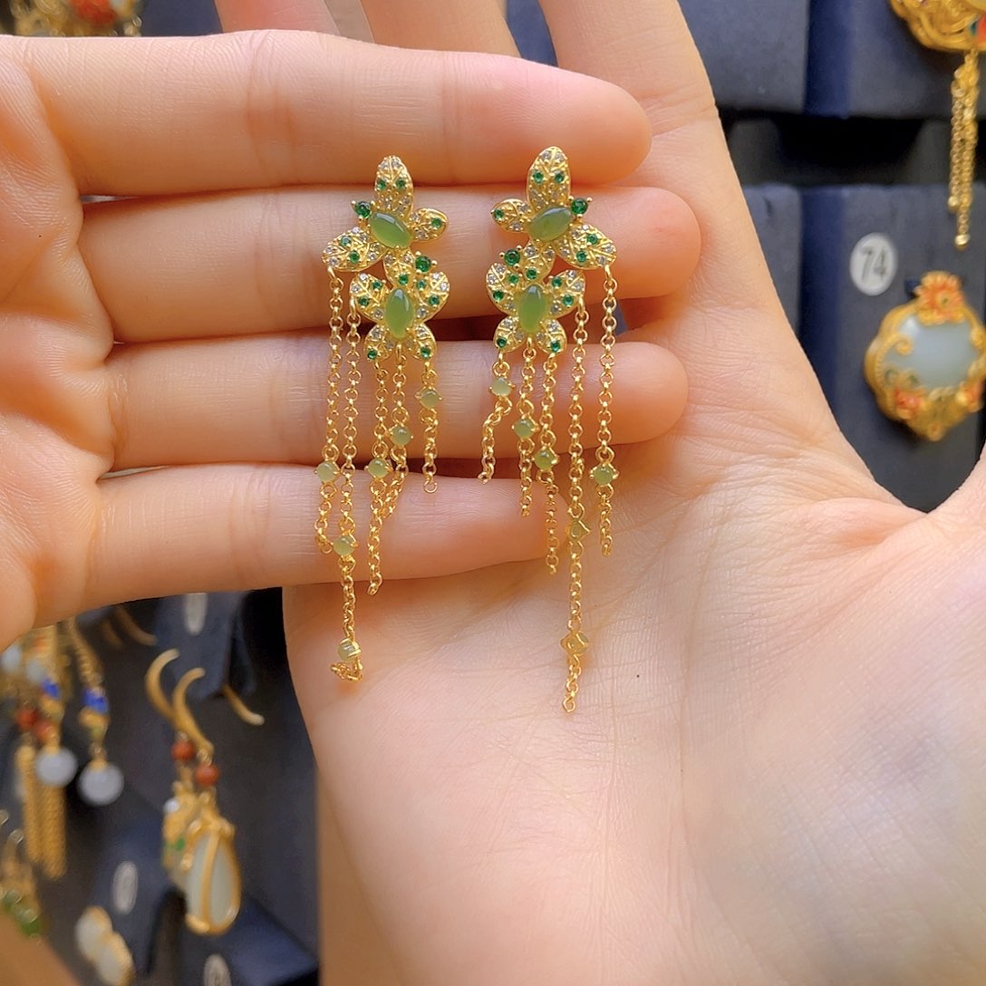 和田玉耳饰银S925镀金镶嵌