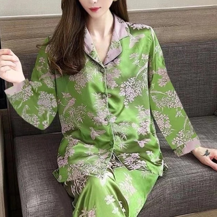 林深翠鸣春女士精品睡衣家居服中式套装显瘦中国风中式丝绸套装