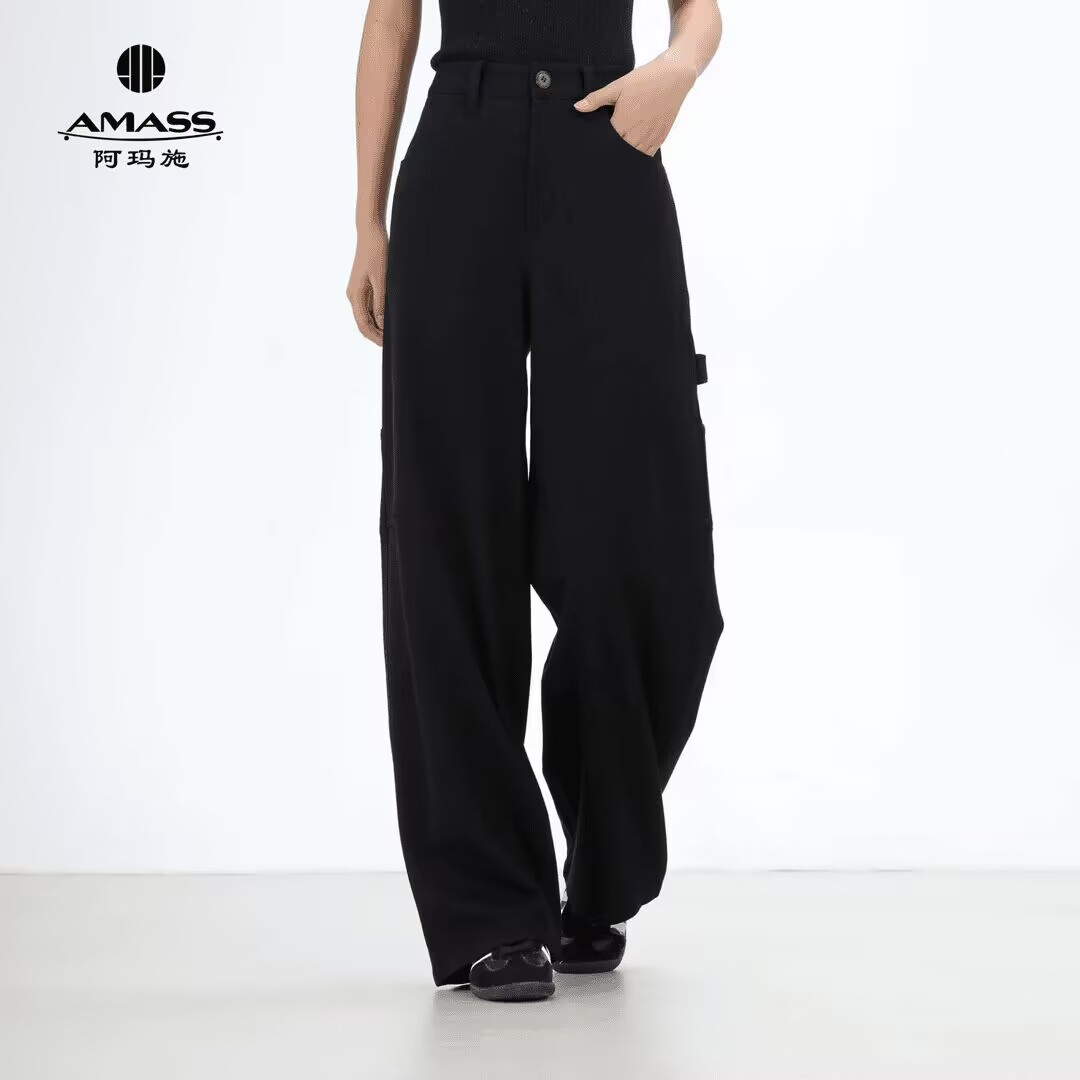AMASS/阿玛施新款休闲松弛感黑色中腰显瘦直筒工装裤女510051