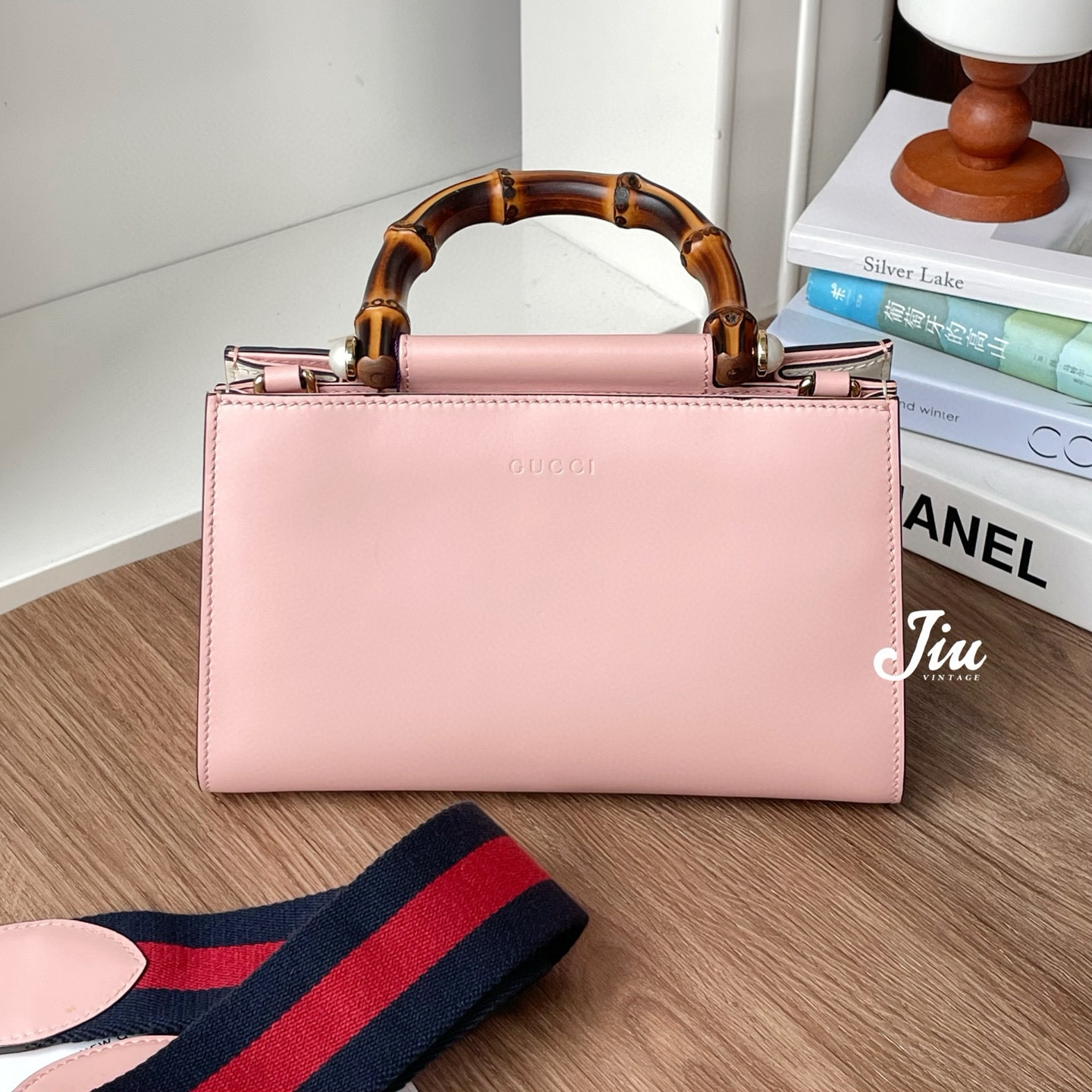 99新 GUCCI/古驰 粉色竹节单肩斜挎包中溯吊牌JM2-7466