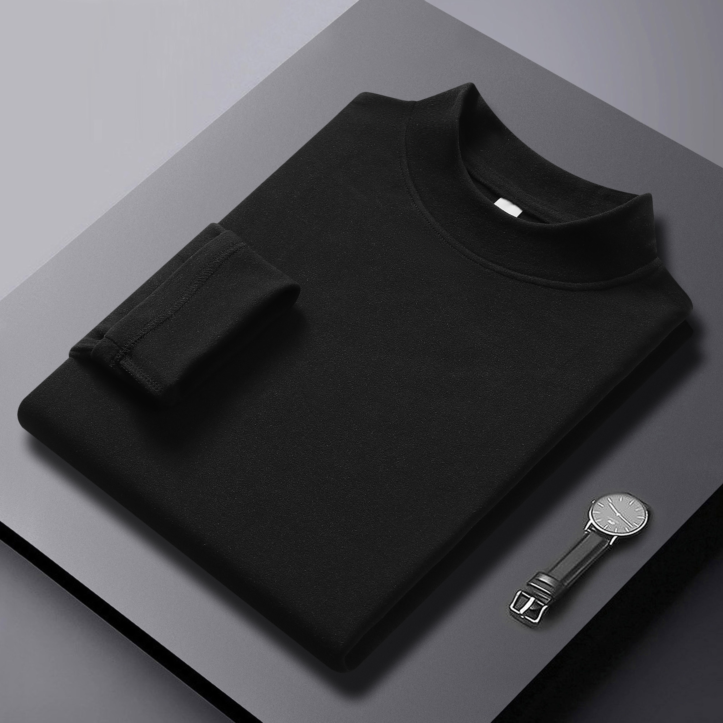 秋冬新款男士双面德绒打底衫半高领长袖T恤修身保暖内搭中领上衣