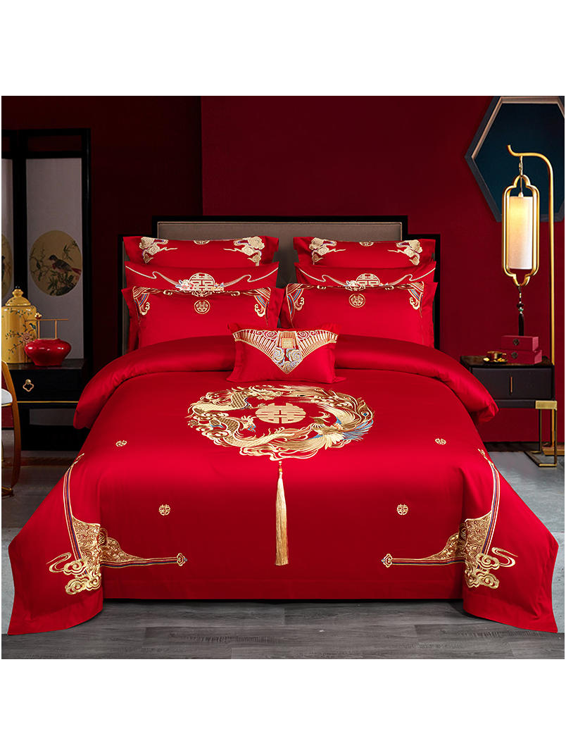 龙凤爱恋120支长绒棉全棉婚房大红色绣花婚庆磨毛四件套床上用品