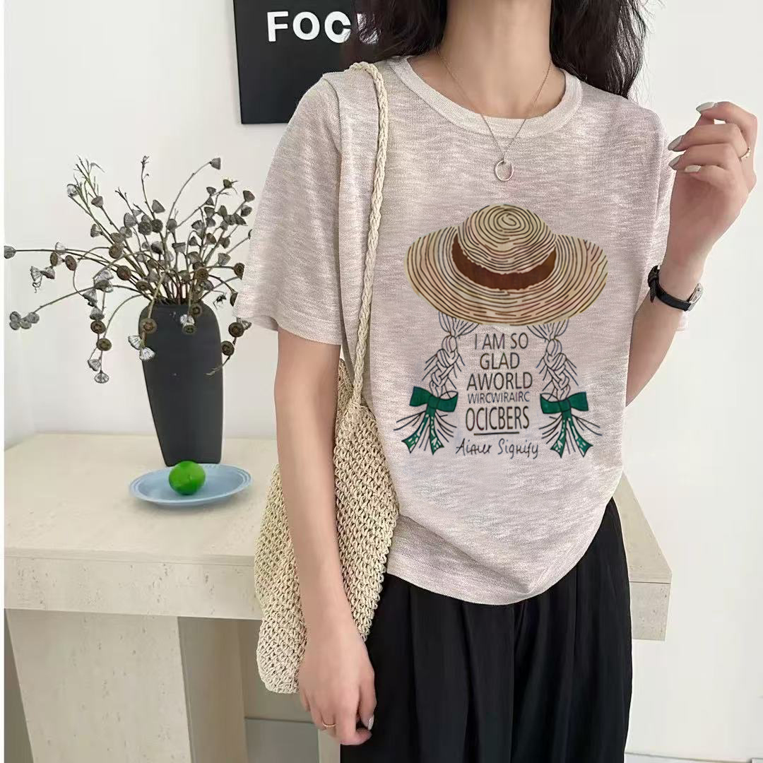 凉爽感-雪花棉【草帽·麻花辫】短袖上衣夏季宽松短袖T恤印花25060