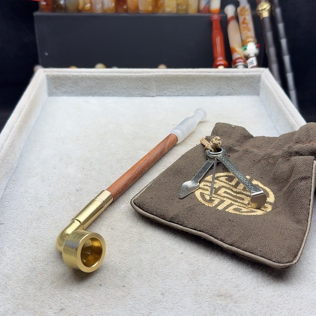 如***海旱烟袋20厘米玛瑙嘴黄铜过滤锅