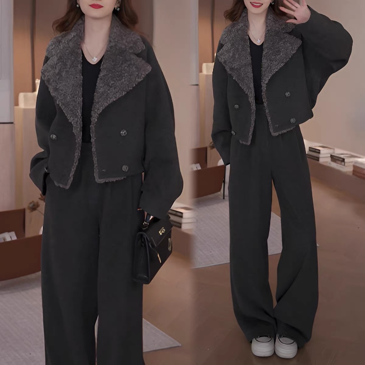 〈纪朵研〉1747韩版休闲风显瘦通勤风短款上衣夹克时尚百搭时尚套装