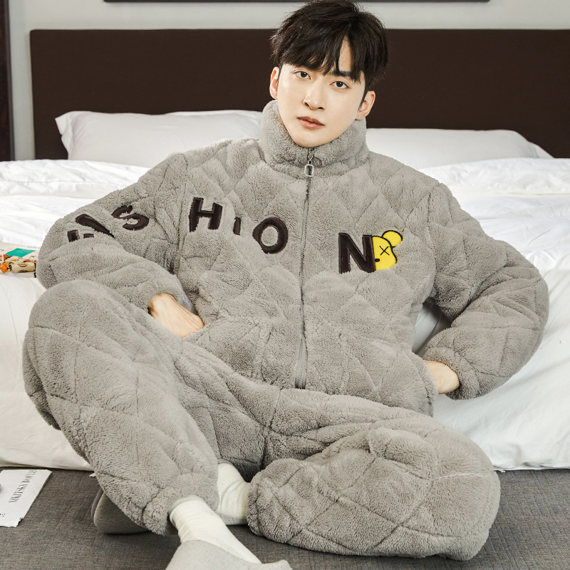 冬季三层夹棉男士睡衣珊瑚绒套装加厚加绒暖法兰绒家居服可外穿JX