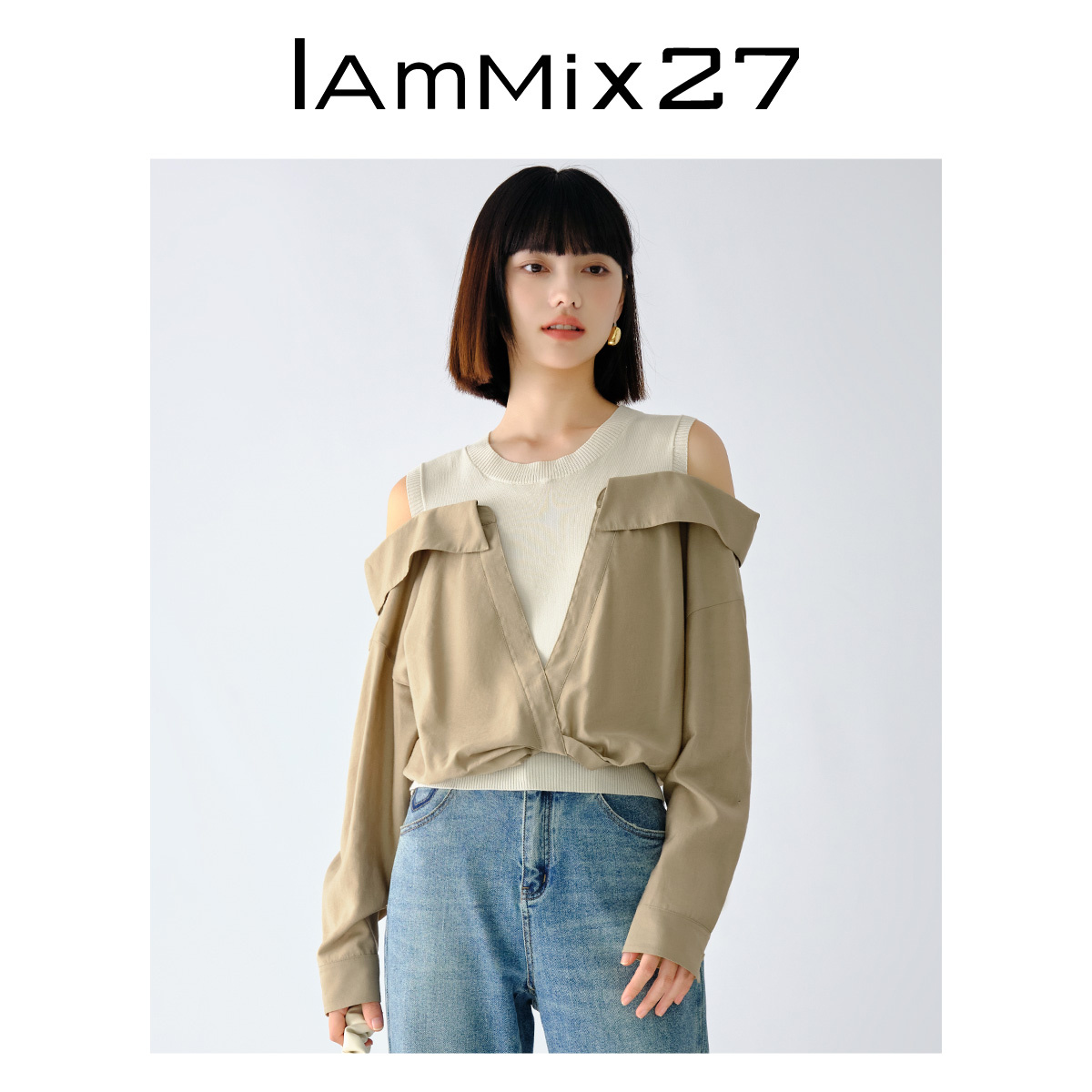 Iammix27假两件露肩圆领小衫女简约撞色针织休闲套头衫女M4A2081
