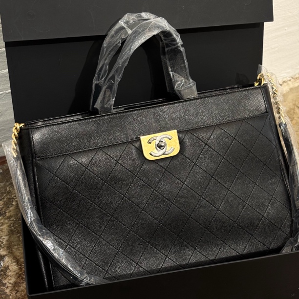 95新 Chanel/香奈儿 夏七中古/Chanel黑金托特手提单肩包