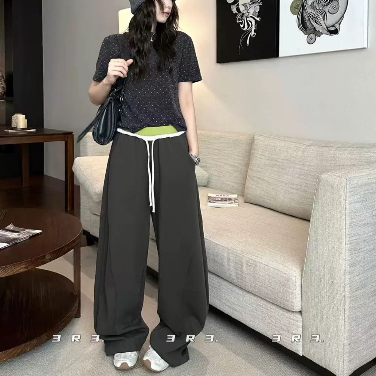 【周周家】9013#腰头拼色抽绳休闲裤