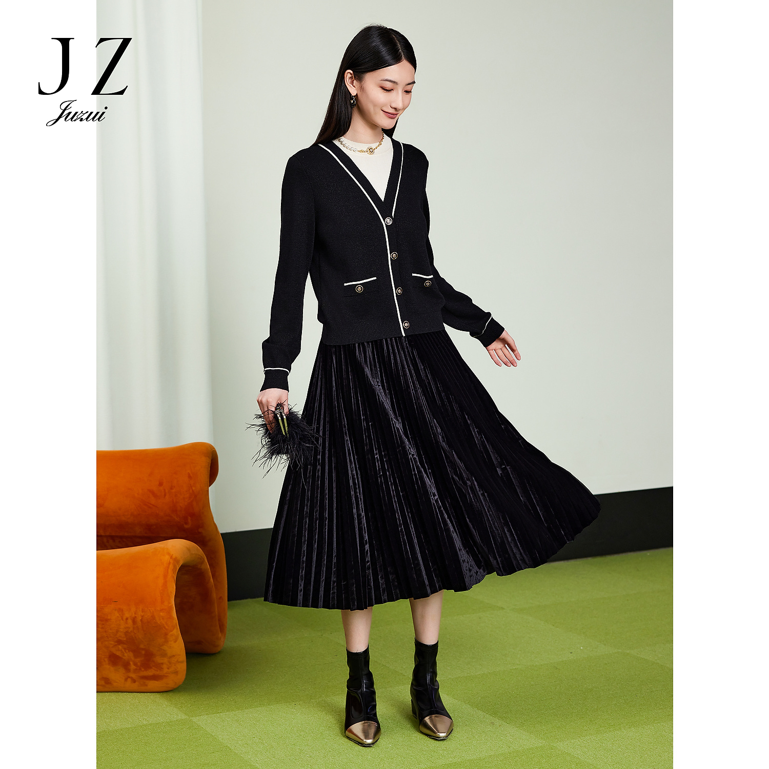 【丽公主专属】商场同款JZ玖姿JWEQ20101复古丝绒压褶半身裙女