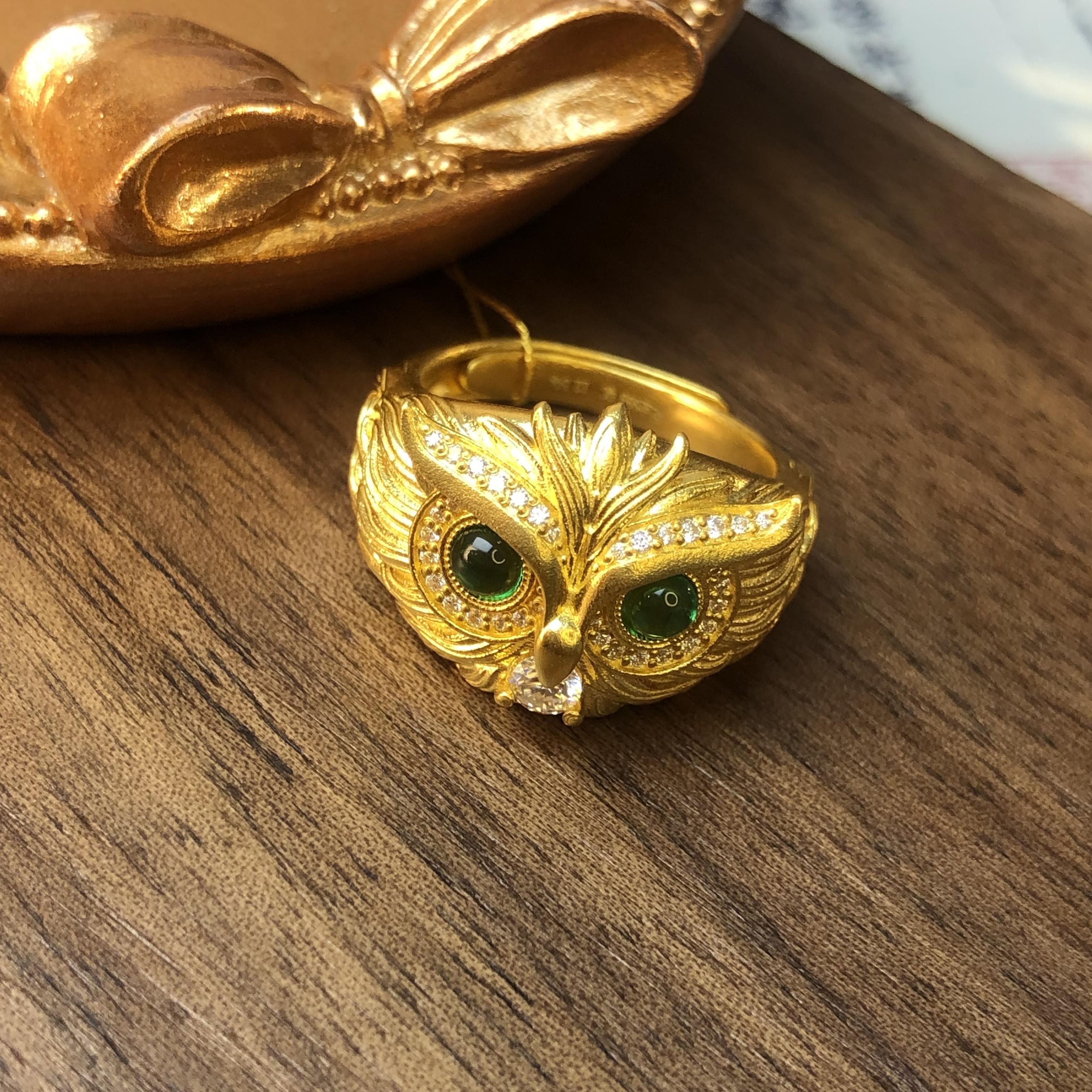 黄金足金999古法宫廷猫头鹰纯金镶钻手工錾刻戒指