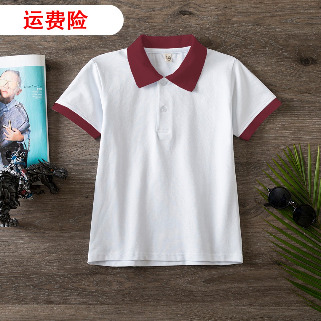 儿童夏天半袖T恤白色POLO衫撞色领男童女童班服上衣中小学生校服