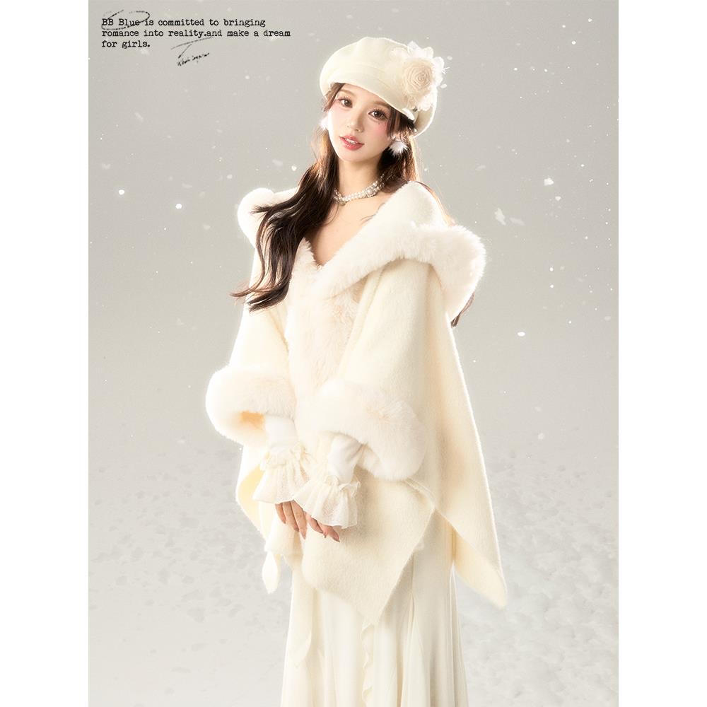 披风外套斗篷披肩水貂绒女冬季大毛领宽松小香雪花绒针织开衫大衣