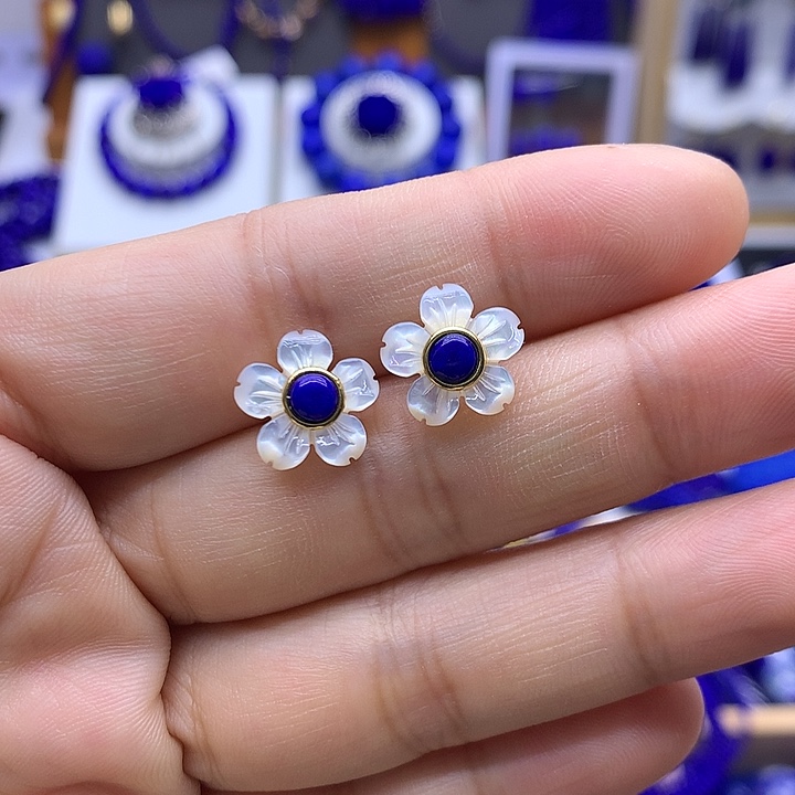 青金石银S925镀金镶嵌耳钉