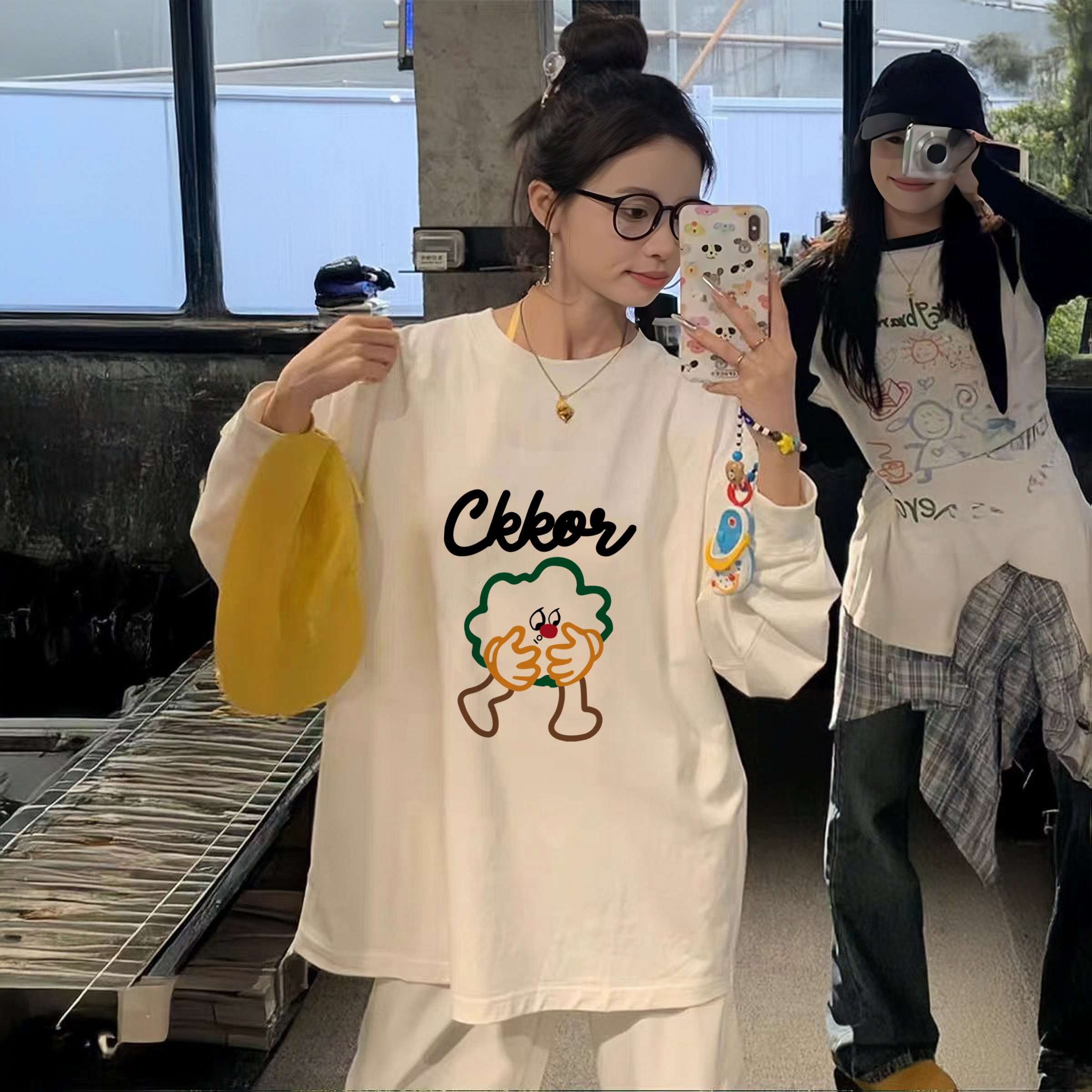 YWBY休闲百搭螺口纯棉长袖t恤女春秋新爆款卡通印花宽松百搭上衣