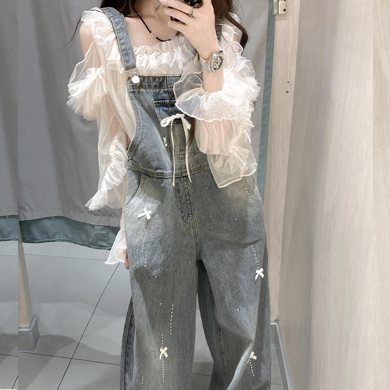 新款背带裤女小个子复古宽松百搭蝴蝶结烫钻水洗牛仔休闲连体长裤