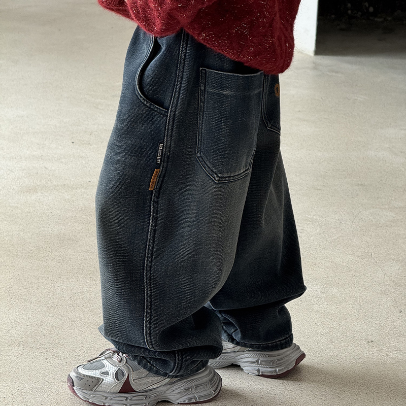 253462儿童冬季韩版洋气潮流百搭加绒牛仔宽松休闲长裤