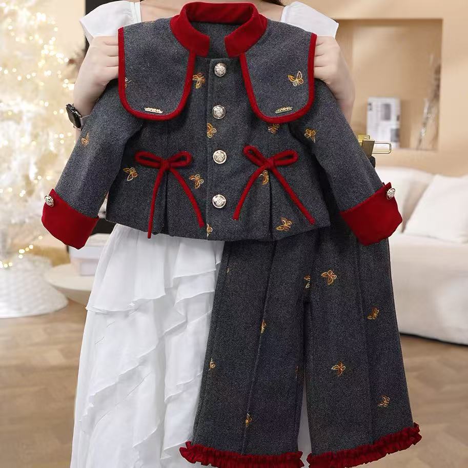 女童小香风套装2025冬季新款女宝宝时尚洋气外套阔腿裤两件套