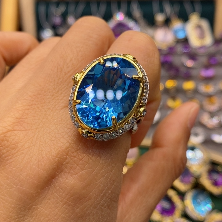 托帕石戒指银S925镶嵌乖*天然托帕石戒指