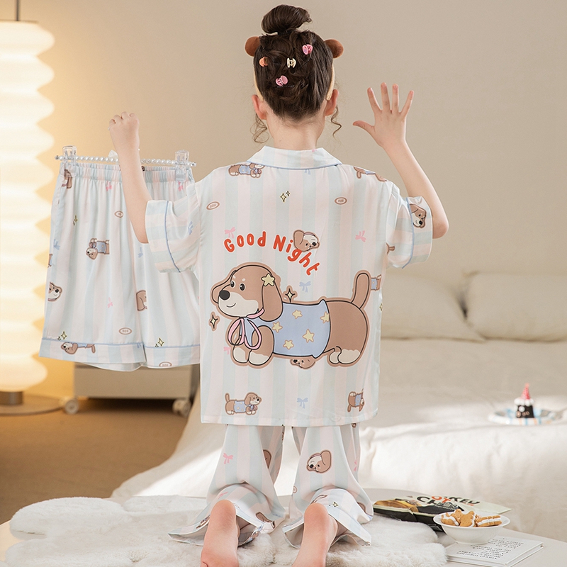 儿童冰雪丝凉感家居服夏季女孩短袖睡衣中大童薄款居家套装21259