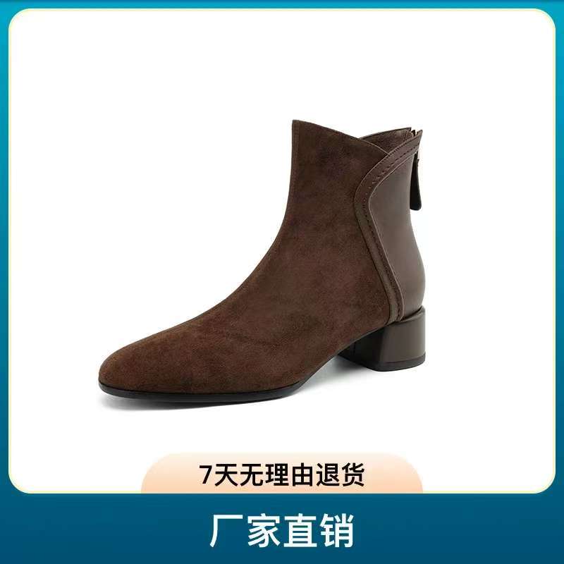 2025新款羊皮秋冬圆头舒适软底时尚百搭女靴复古真皮短靴单鞋
