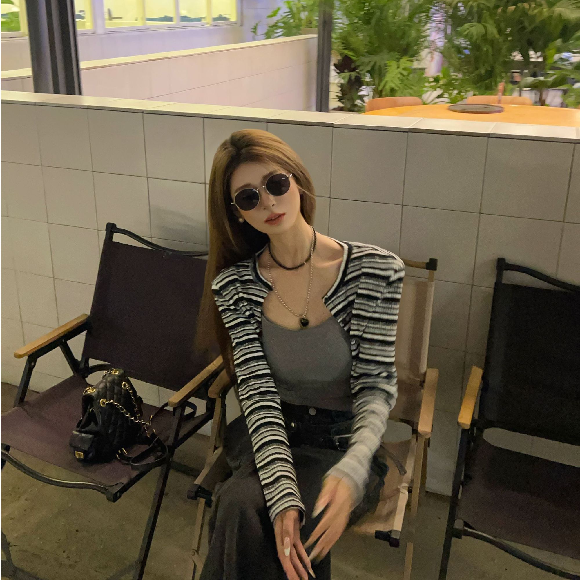 21DEGREES 灰色条纹系扣开衫灰色外穿吊带不规则设计牛仔半身裙