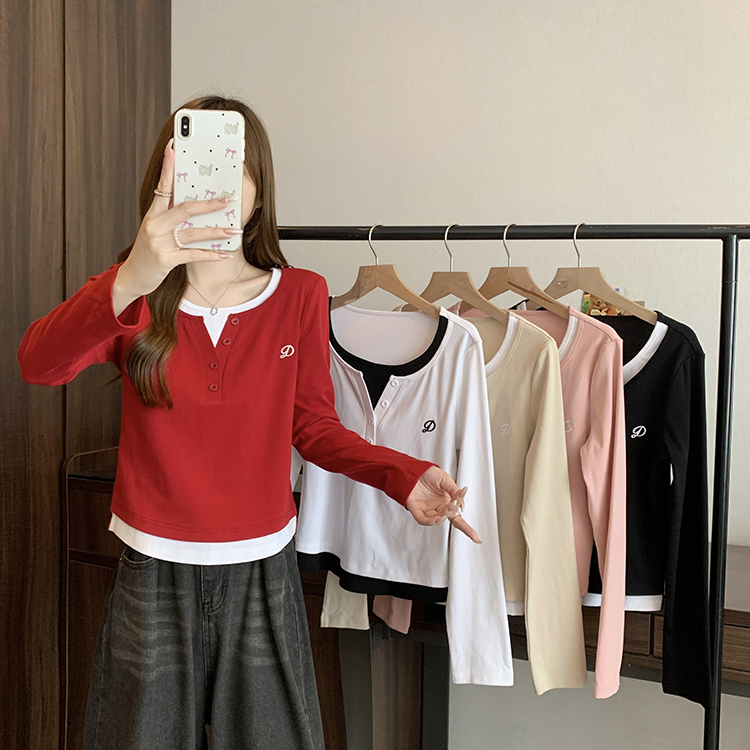 2025秋冬季大码长袖打底衫刺绣女t恤显瘦宽松百搭假两件外穿上衣 