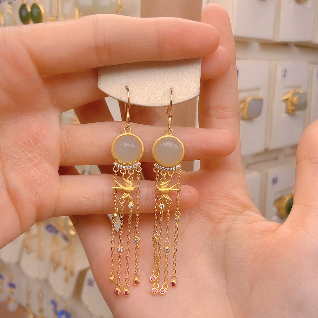 和田玉耳饰银S925镀金镶嵌