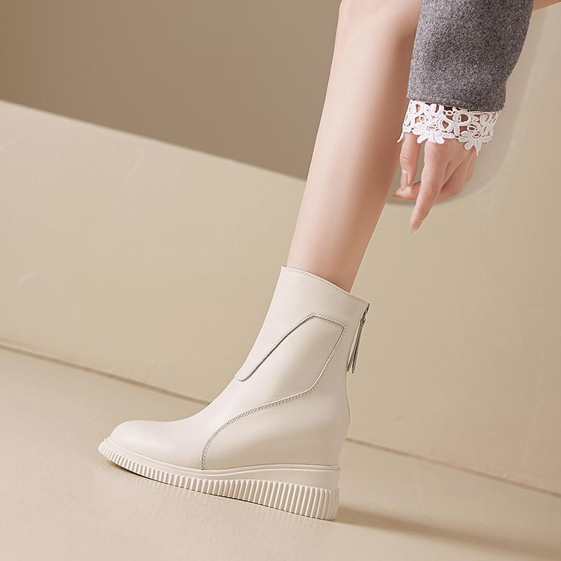 头层牛皮10cm内增高高跟短靴法式小香风瘦瘦靴秋冬百搭尖头马丁靴