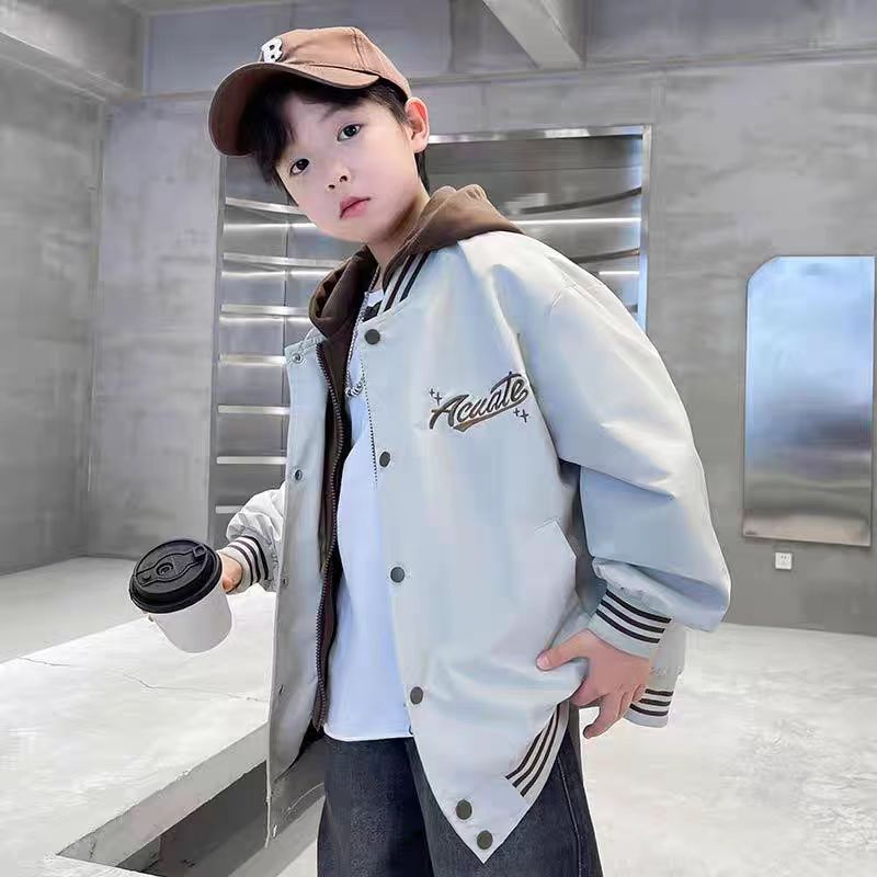 男童外套2025新款宽松春秋款假两件棒球服中大男孩儿童春装冲锋衣