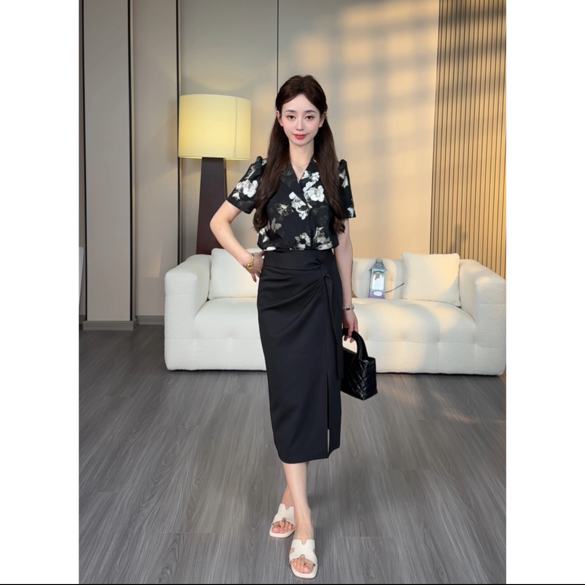 小个子夏别致印花泡泡袖衬衣修身显瘦裙套装XF307