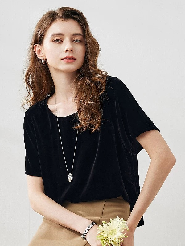 3377 时尚简约风V领宽松丝绒T恤女气质显瘦百搭