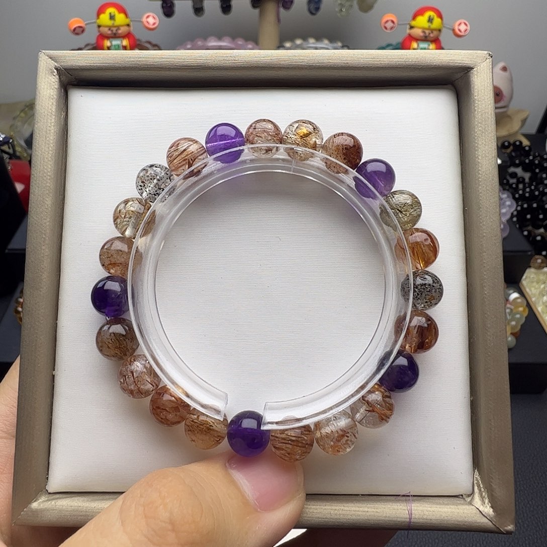 水晶手串未镶嵌黑金超七加紫水晶