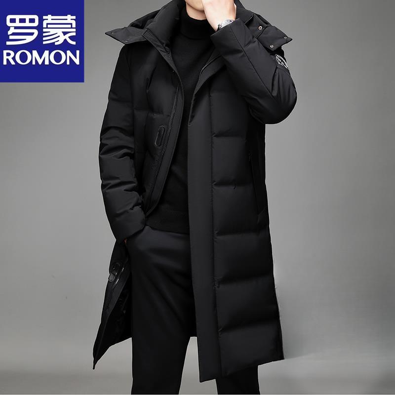 罗蒙防寒服新款男士长款外套长款过膝保暖冬装可脱卸连帽款加厚