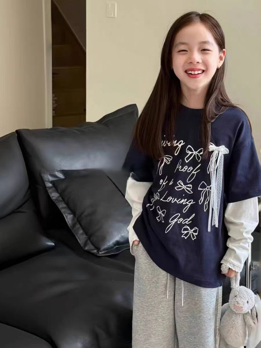 女童长袖T恤假两件中大童时髦撞色打底衫儿童春秋款上衣
