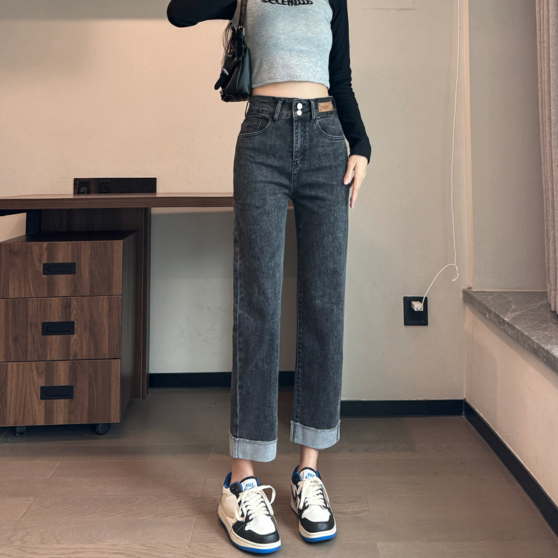 有加绒  高腰烟管牛仔裤女裤梨形身材显瘦遮跨直筒百搭小个子九分