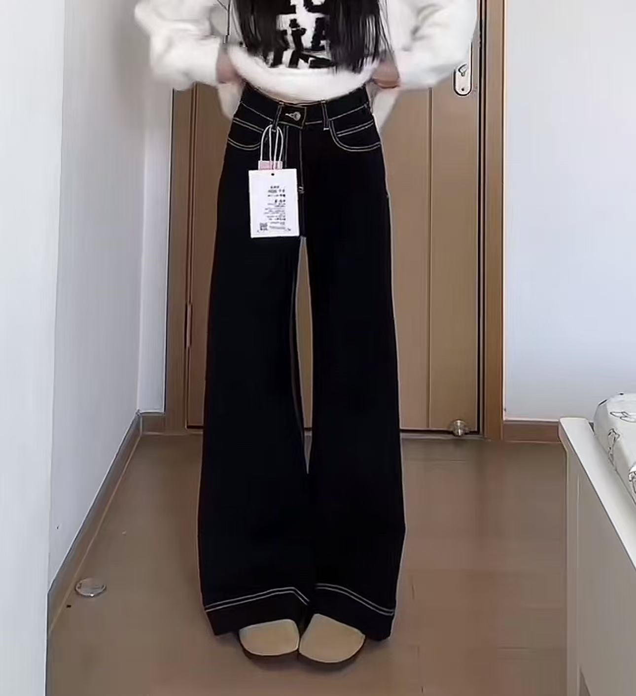 3014冬季新款百搭时尚休闲设计感加绒黑色不贴腿阔腿微喇牛仔裤