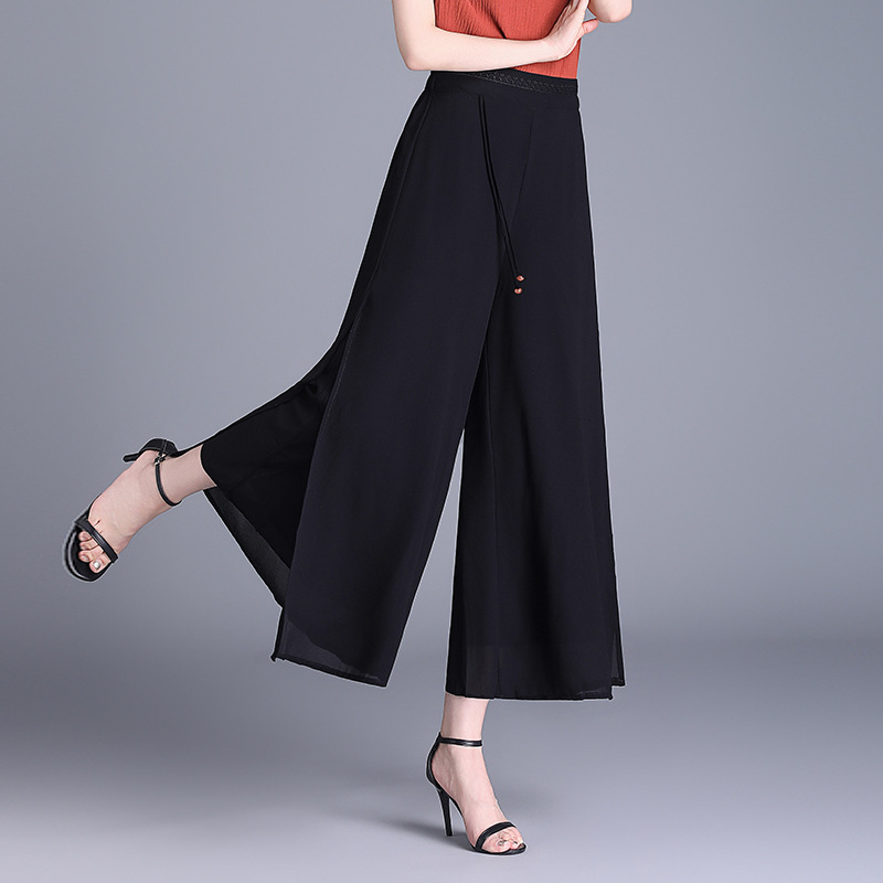 国风开叉阔腿裤女2025新款高腰宽松显瘦夏季裙裤垂感雪纺九分裤