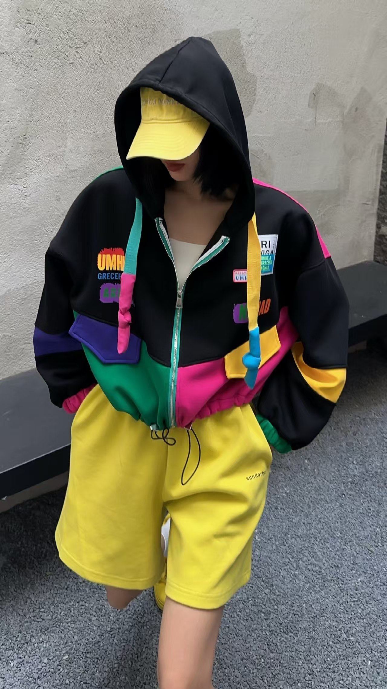 拼接撞色小个子开衫外套女秋冬新款拉链潮流上衣短款卡腰潮酷帽衫