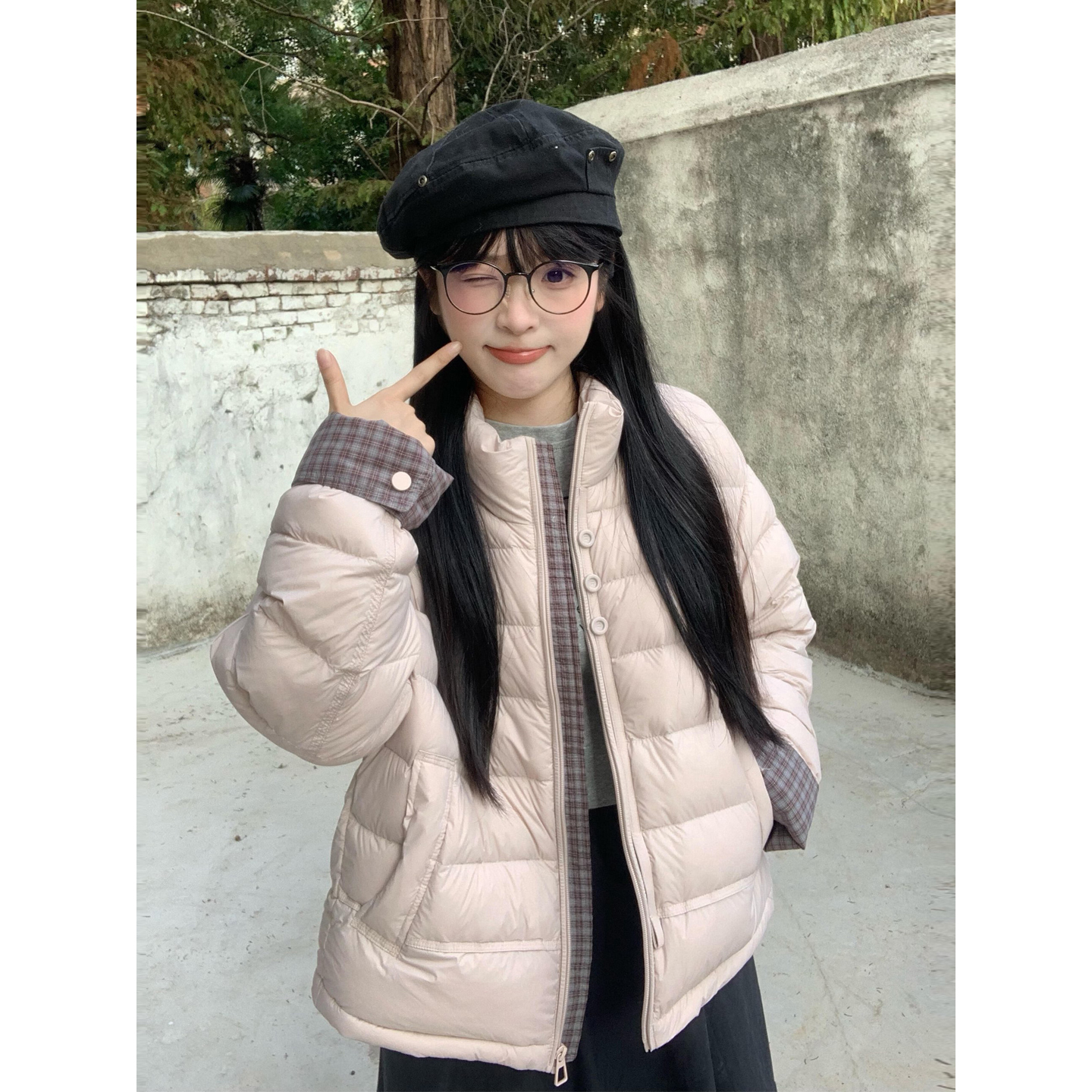 独特超好看棉服女2025新款初冬季今年流行韩系格纹设计感短款棉衣