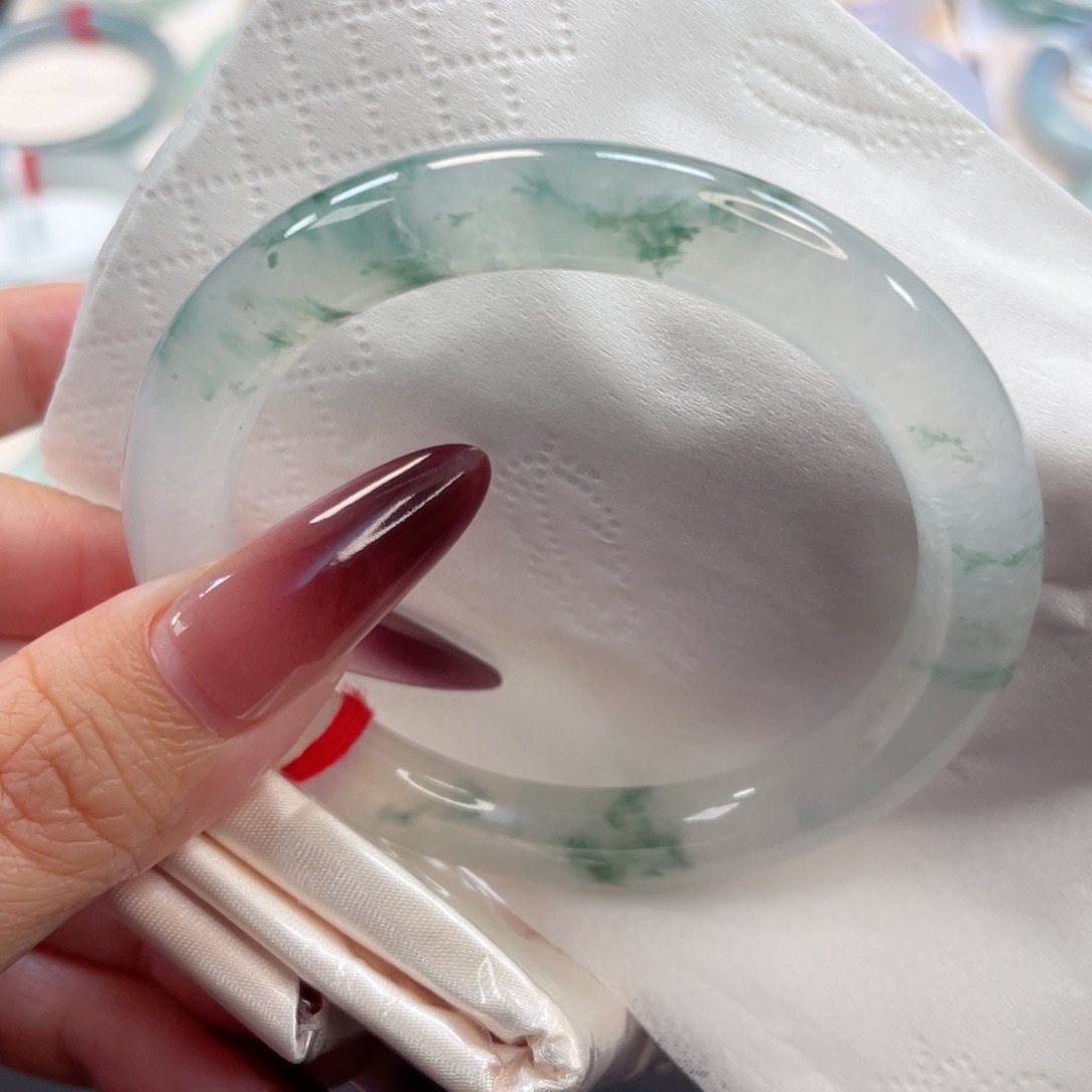 未镶嵌手镯翡翠22号54.4白冰飘水草绿细圆条