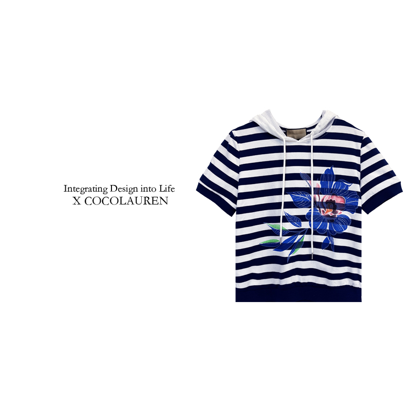 CoCoLauRen条纹连帽抽绳卫衣烫钻花短袖T恤 显瘦 气质 A21907