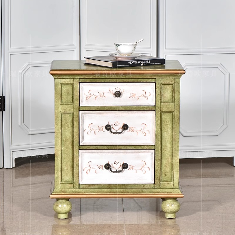 瑞诗欧美式乡村实木沙发边几复古法式储物角几卧室抽屉床头柜矮柜