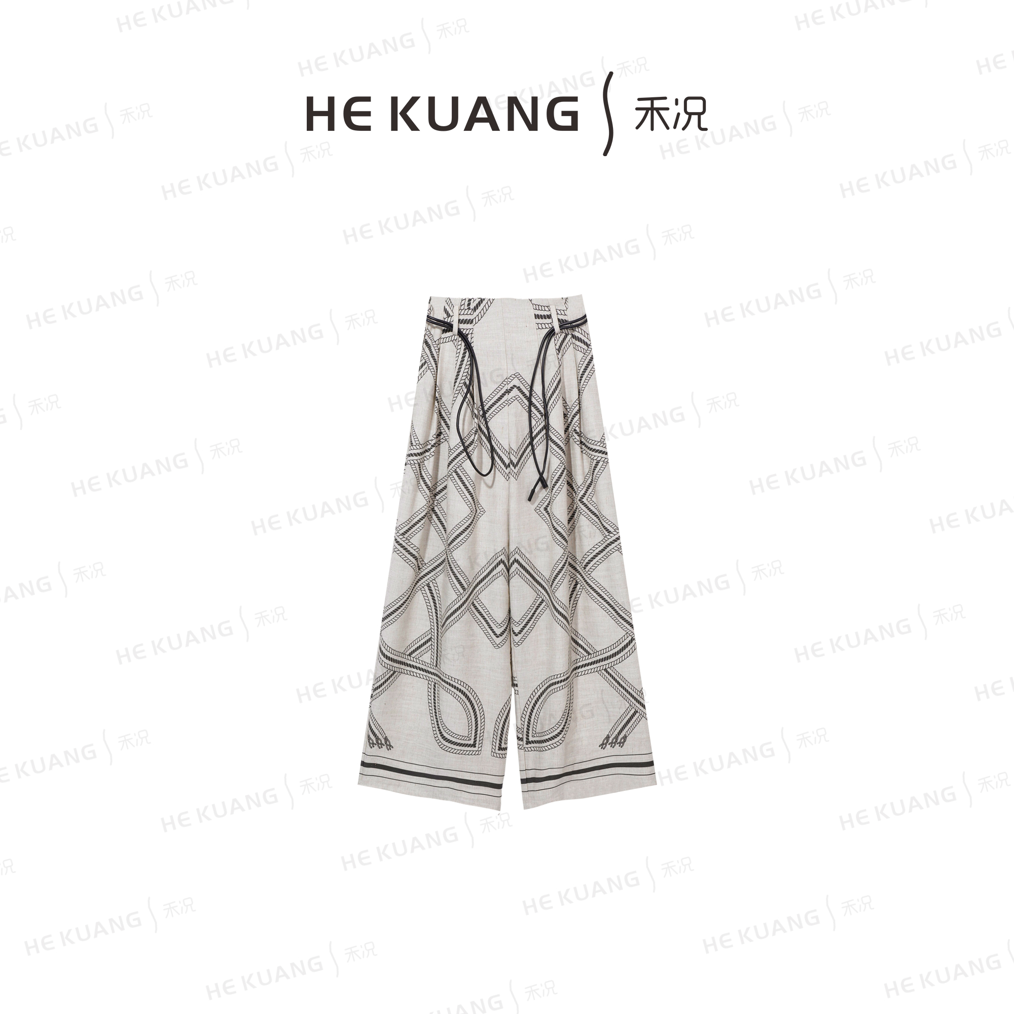 禾况HEKUANG【星棱绣锦】亚麻天丝松弛感图案印花显瘦裤子K652 0153