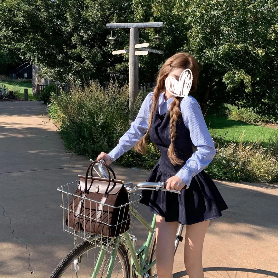 【奶糖】~鬼马女高学院风原色条纹衬衫搭配背心连衣裙早秋套装