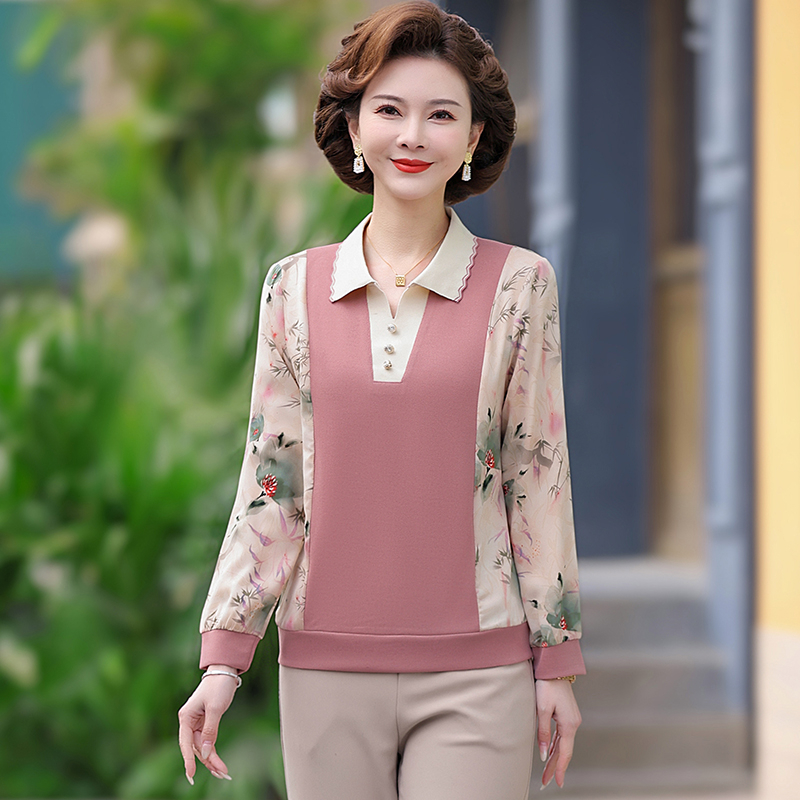 春装宽松中老年女装t恤秋季大码小衫时尚洋气翻领假两件秋装中年