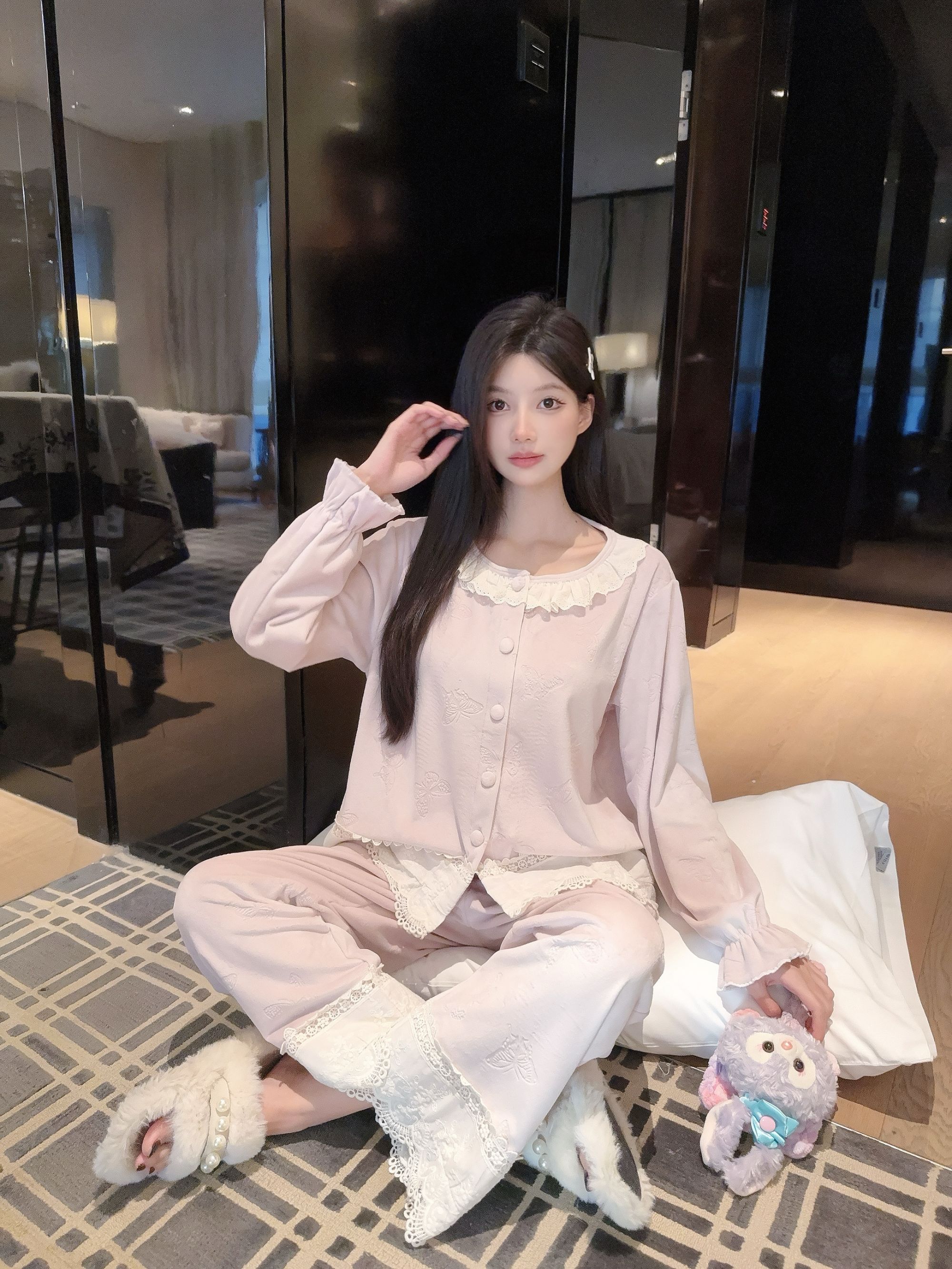 【浮雕-蕾丝蝴蝶】水光超柔双面亲肤绒女士中厚款 秋冬家居服 睡衣