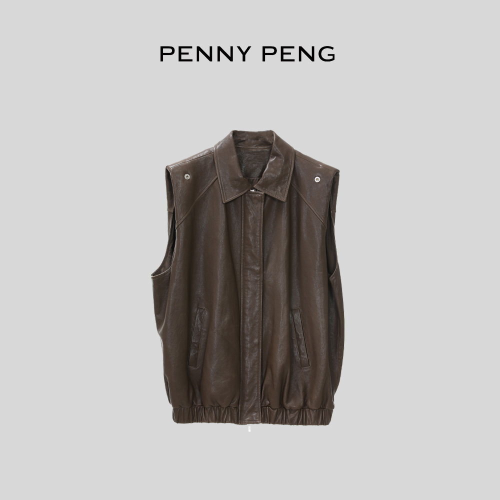 PENNYPENG摩登衣橱春季真皮宽松复古潮流咖色翻领油蜡绵羊皮马甲