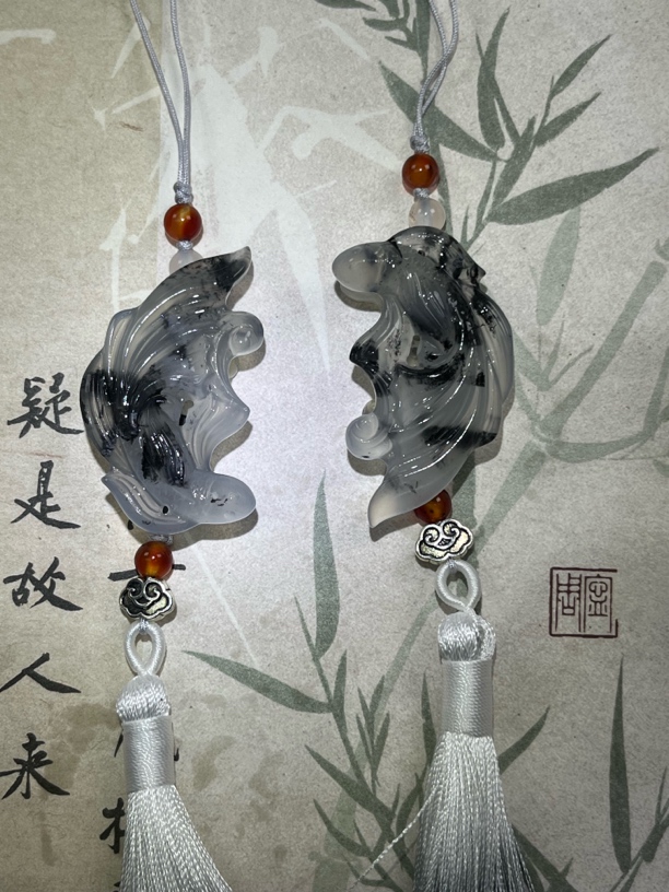 纯天然岫玉冰料对鱼水墨，鱼，情侣款，好事连连成双尺寸高40mm